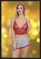 Kadın Kırmızı Desenli Yazlık Şortlu Takım - Polyester Gecelik, String Dahil - Resim 3