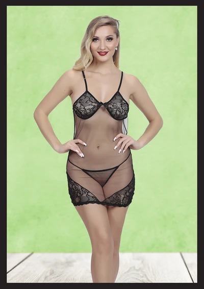 Kadın Siyah Dantel Detaylı Tül Polyester Gecelik, 2 Parçalı Set
