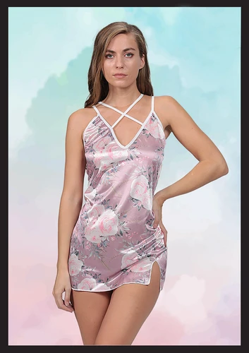 Siyah Kadın Desenli Boyun Detaylı Fantezi Gecelik, Polyester