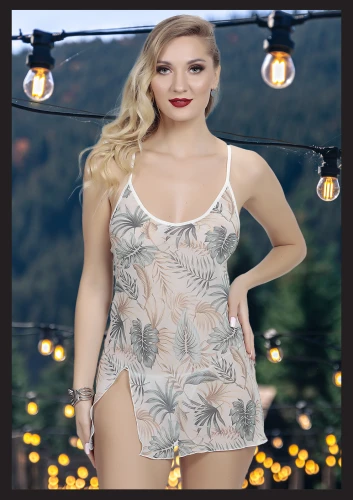 Seksi Fantezi Mini Gecelik, Yaprak Desenli, Yırtmaç Detaylı, Poliamid, String Dahil