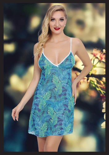 Mavi Desenli Seksi Gecelik, Poliamid, String Dahil, Yeni Sezon