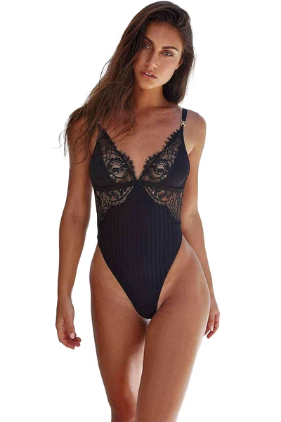 Kadın Siyah Dantel Detaylı Fantezi Babydoll, Poliamid Elastan