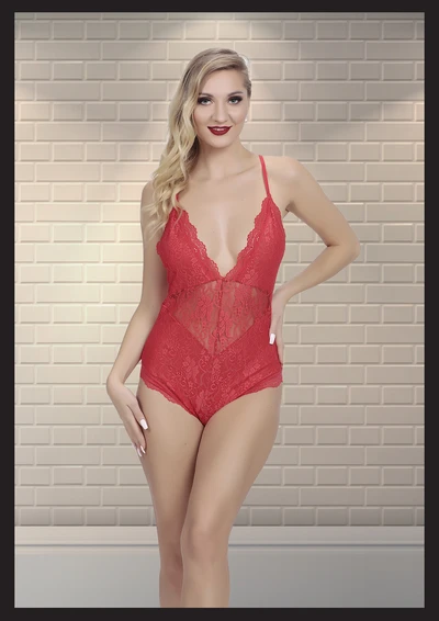 Kadın Kırmızı Dantel Detaylı Fantezi Babydoll, %90 Poliamid %10 Elastan