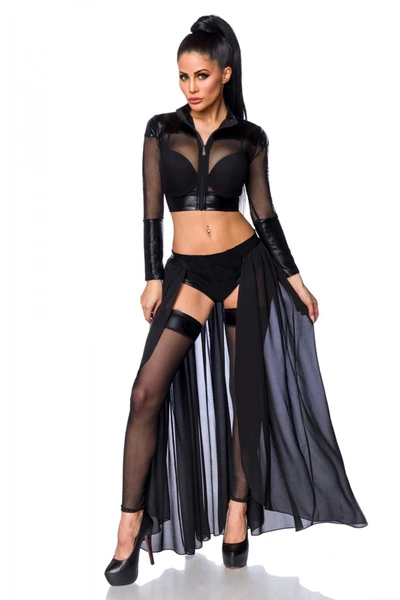 Kadın Siyah Polyester Elastan Kuyruk Pelerinli Fantezi Kostüm - Büstiyer, Külot, Çorap Seti