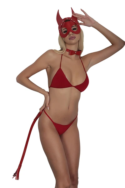 Kırmızı Şeytan Maskeli Deri 3'lü Harness Set Takım