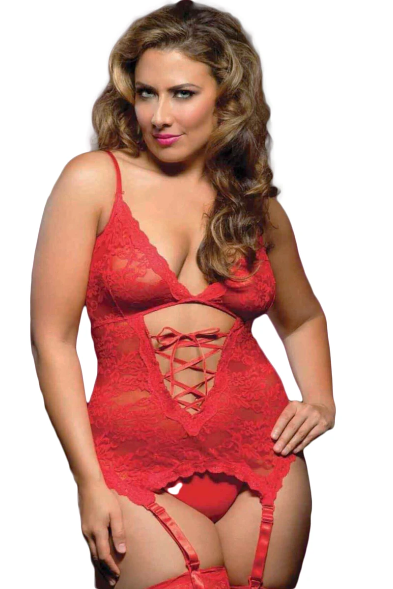 Kadın Büyük Beden Kelepçeli Jartiyerli Babydoll - Kırmızı