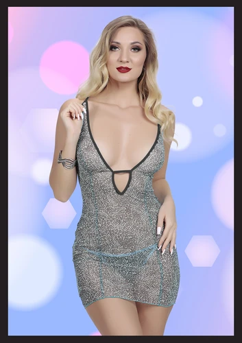 Desenli Dekolteli Seksi Gecelik - Poliamid Elastan Kumaş - String Dahil
