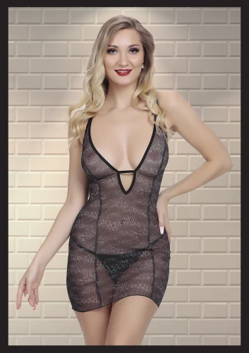 Siyah Özel Tasarım Desenli Seksi Fantezi Gecelik ve Slip Takımı