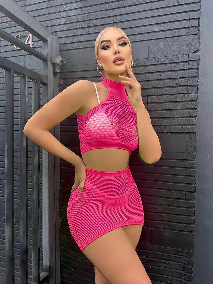 Pembe Dantel Fileli Fantezi İkili Takım - Esnek Yapı